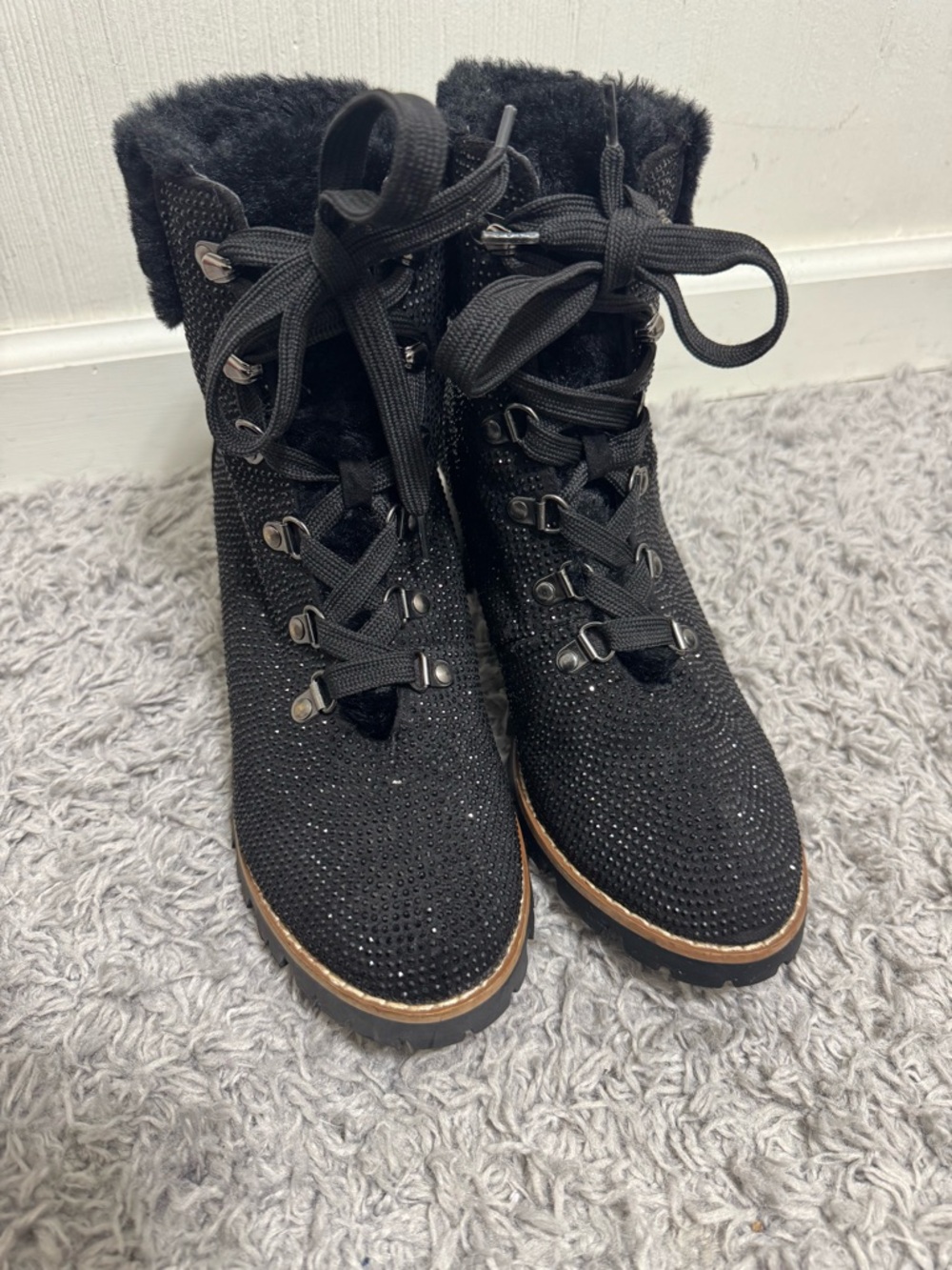 Women's Black Lace-Up Faux Fur Ankle Boots